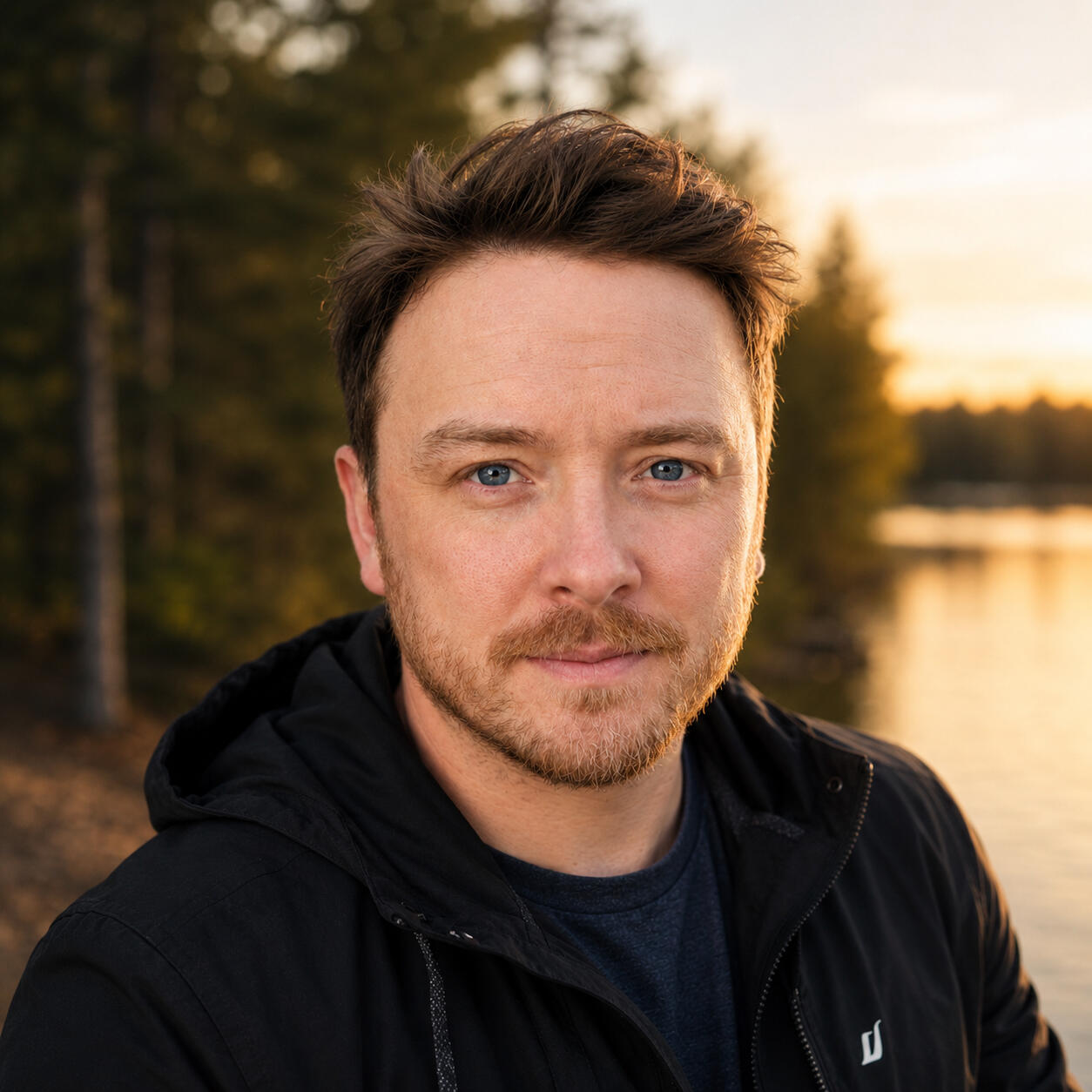 Brandyn Anderson beside a Minnesota lake at sunset